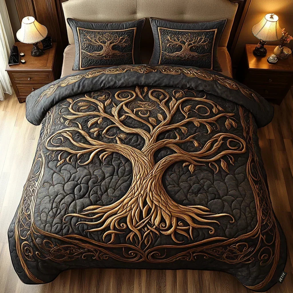 Golden Harmony quilted bedding set with golden tree design on charcoal, quilt and two pillowcases