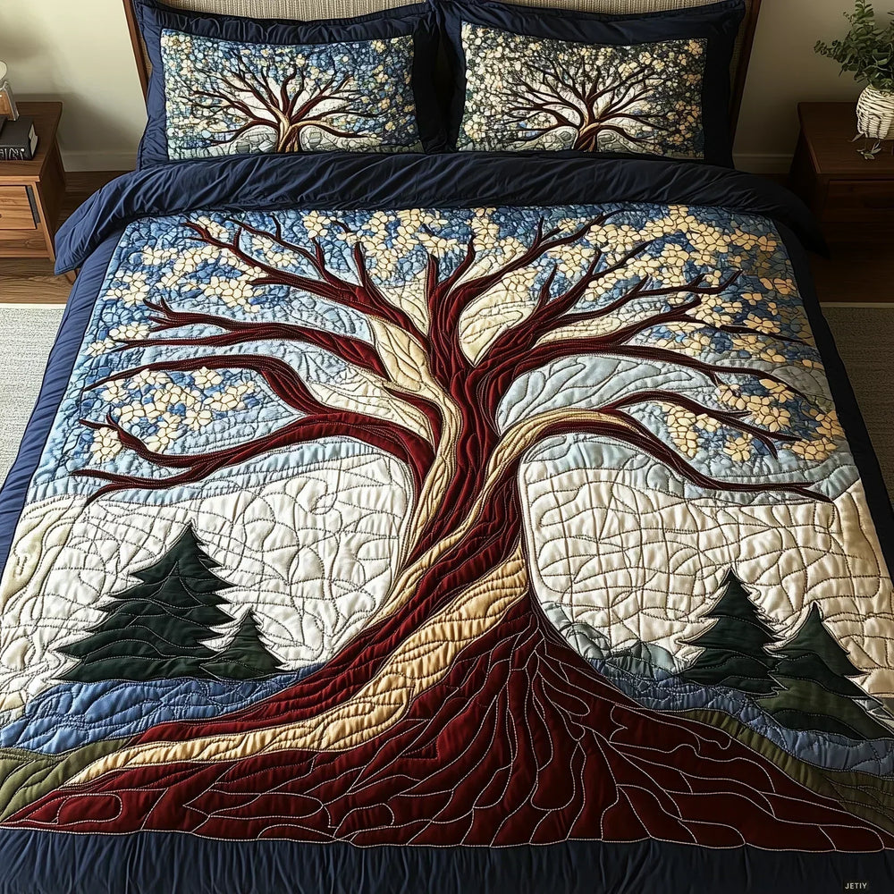 Woodland Harmony quilted bedding set with tree of life design in navy, cream and red