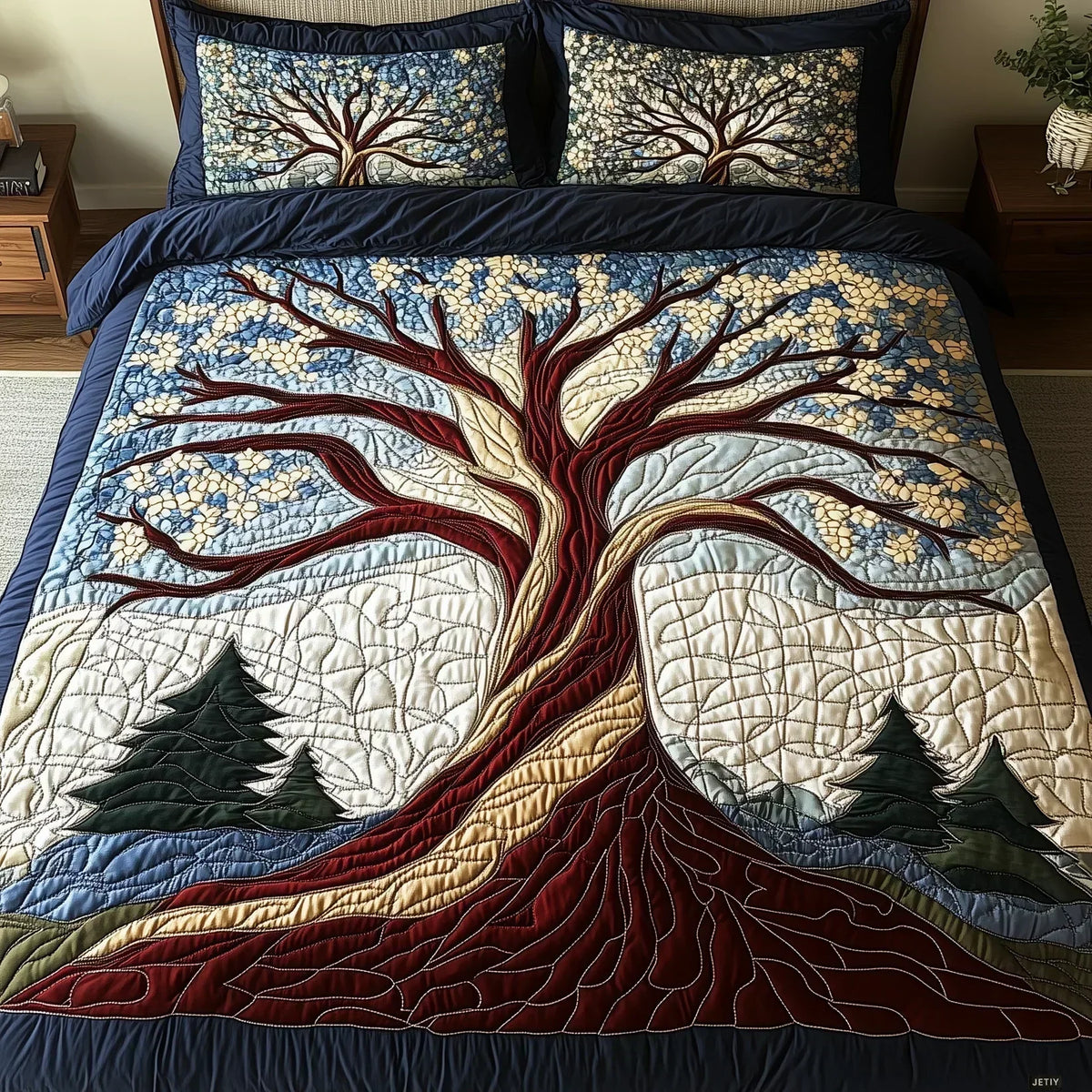 Woodland Harmony quilted bedding set with tree of life design in navy, cream and red