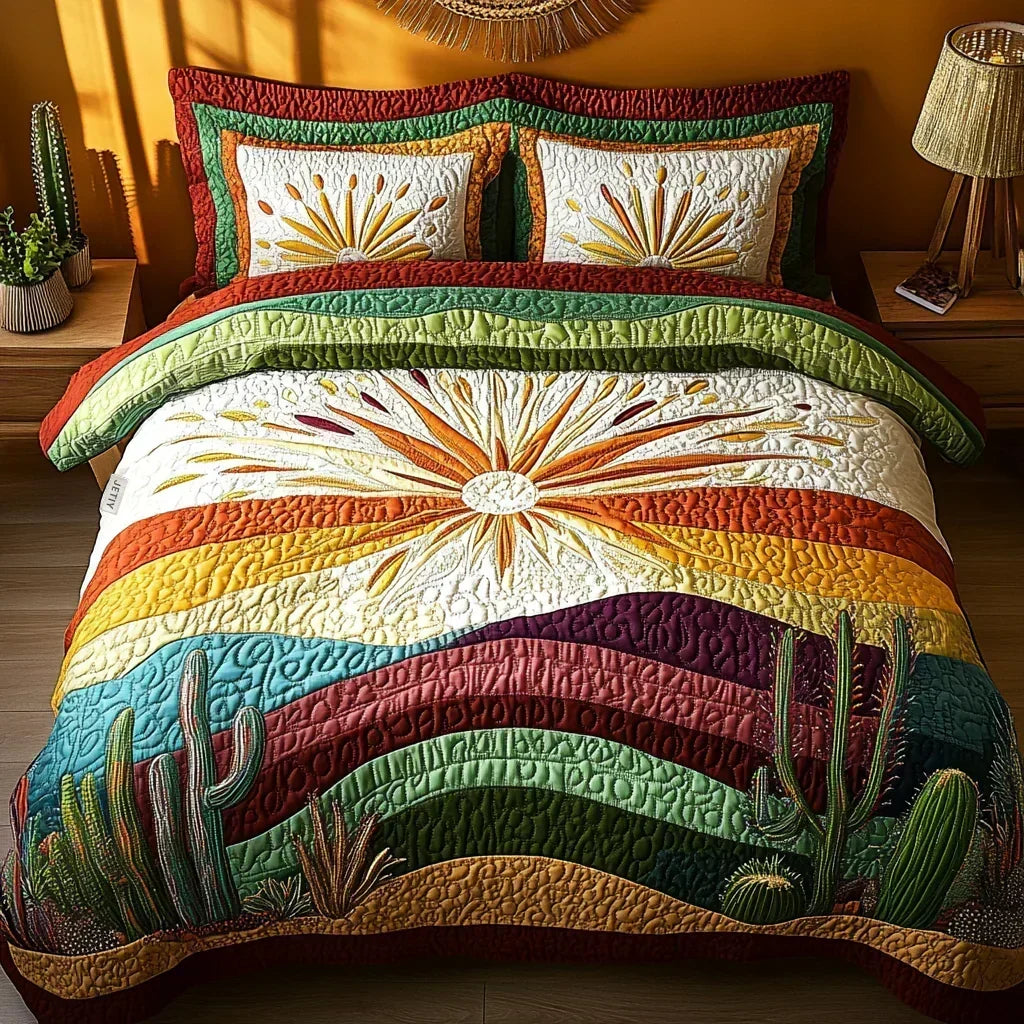 Sunset Over the Cacti quilted bedding set with striped sunburst quilt and two matching pillowcases