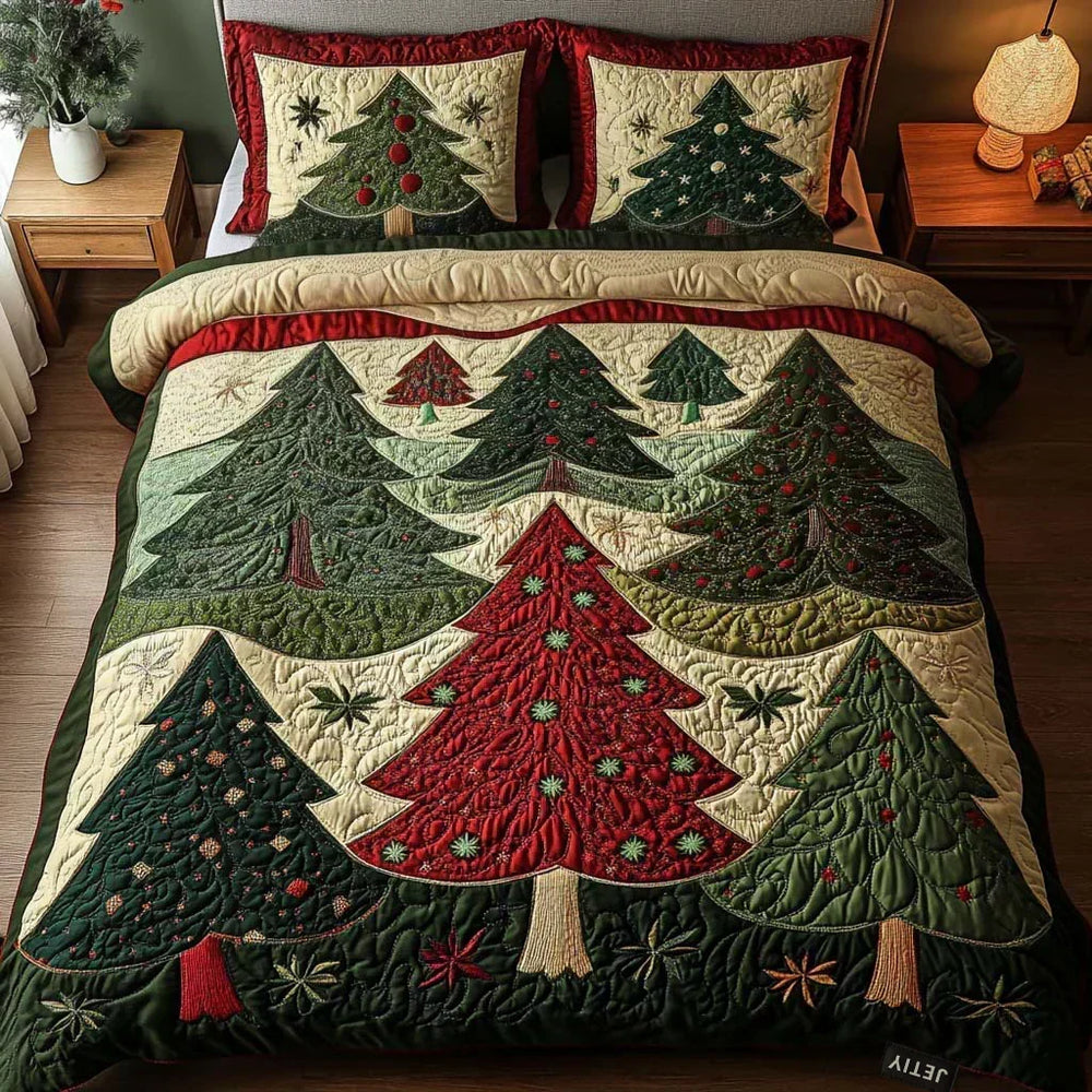 Forest of Joy quilted bedding set with green and red Christmas trees and matching pillow shams
