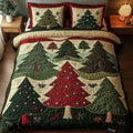 Forest of Joy quilted bedding set with green and red Christmas trees and matching pillow shams