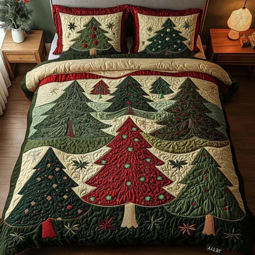 Forest of Joy quilted bedding set with green and red Christmas trees and matching pillow shams