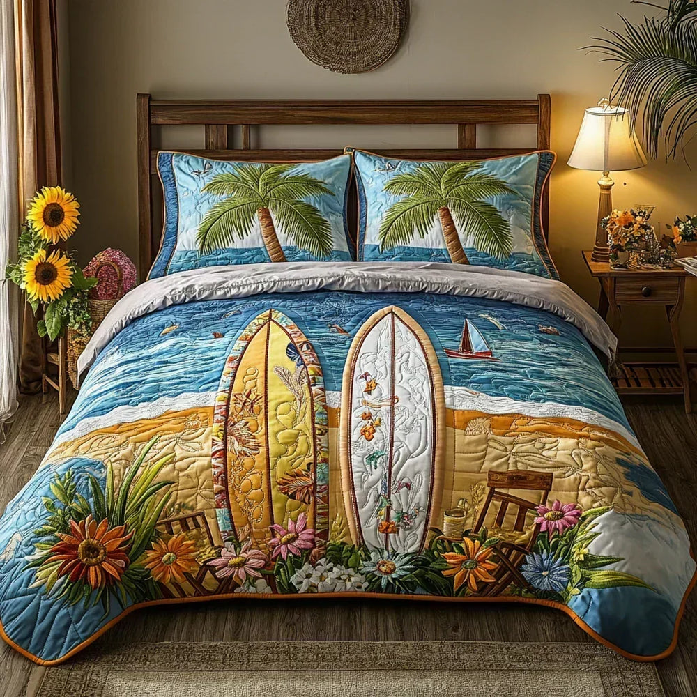 Island Breeze quilted bedding set with surfboard and palm tree design on a wooden bed