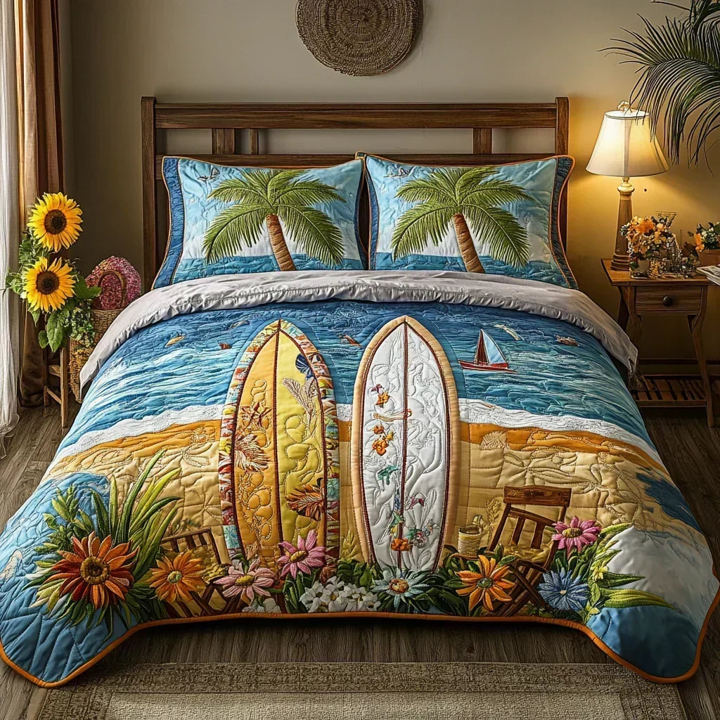 Island Breeze quilted bedding set with surfboard and palm tree design on a wooden bed
