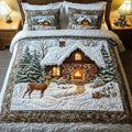 Cozy Cabin quilted bedding set with snowy cabin, deer and fir tree print, shown on a bed