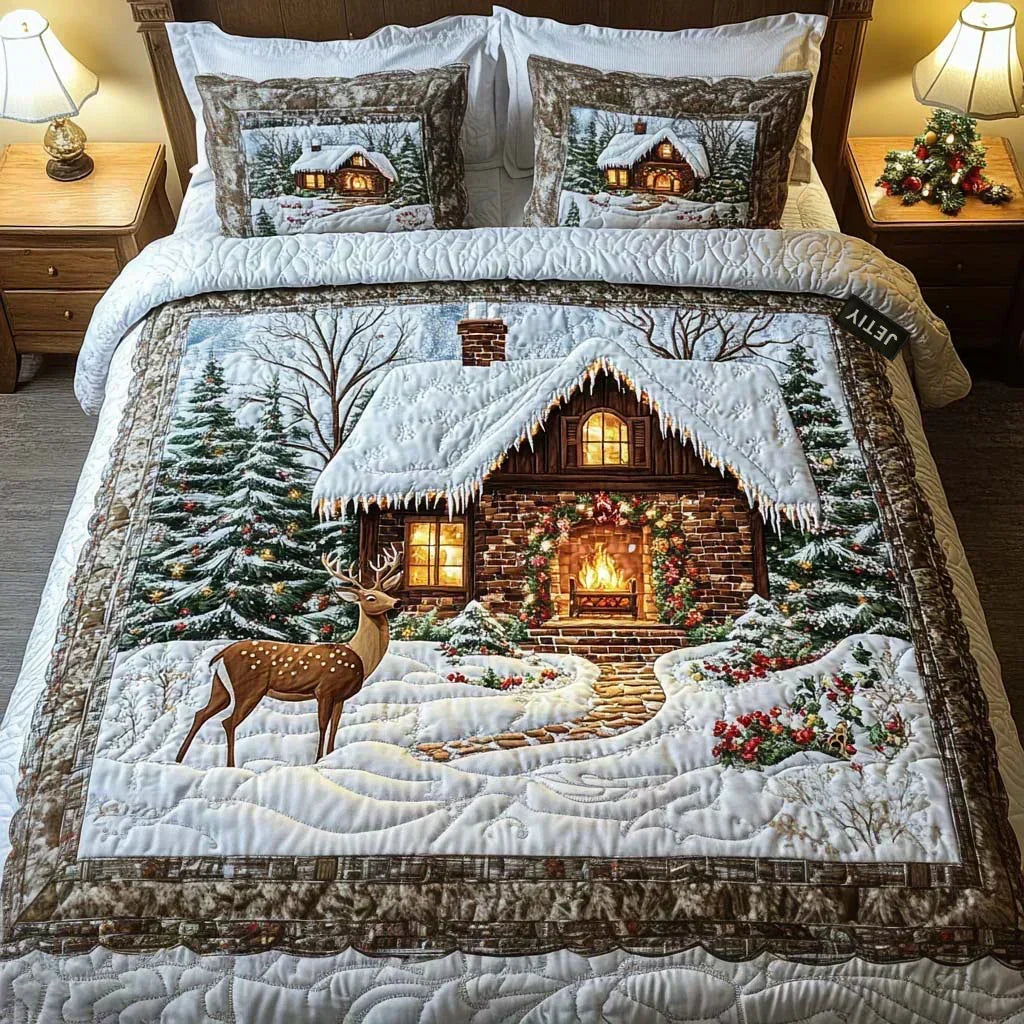 Cozy Cabin quilted bedding set with snowy cabin, deer and fir tree print, shown on a bed