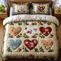 Hearts in Love quilted bedding set in cream with floral patchwork hearts and matching pillow shams