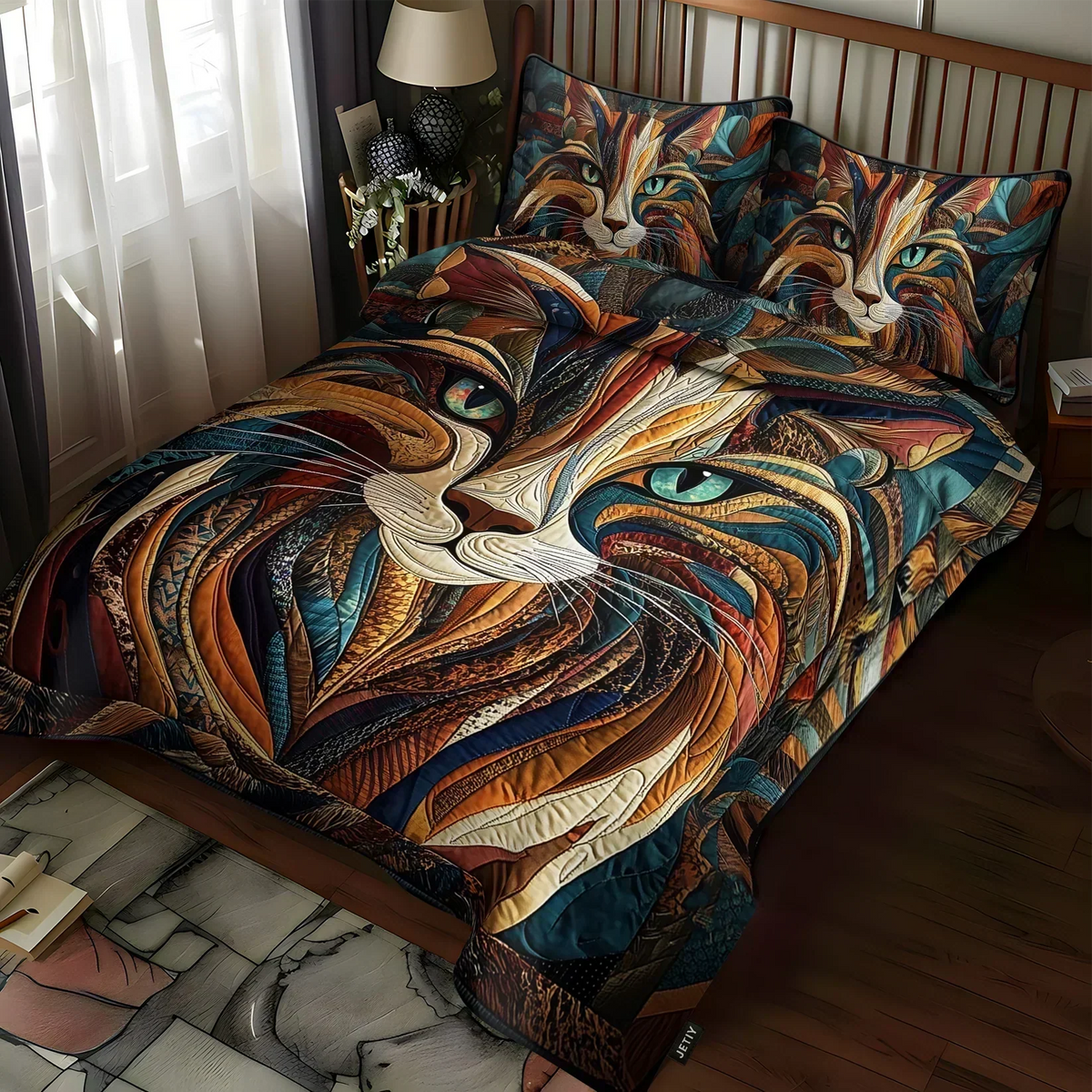 Sweet Purrs quilted bedding set with stained-glass cat design in teal, rust and gold on a bed