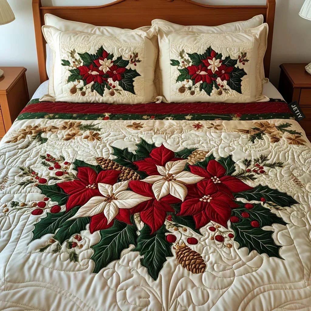 Poinsettia Charm 3-piece bedding set in cream with red and green floral design on a bed