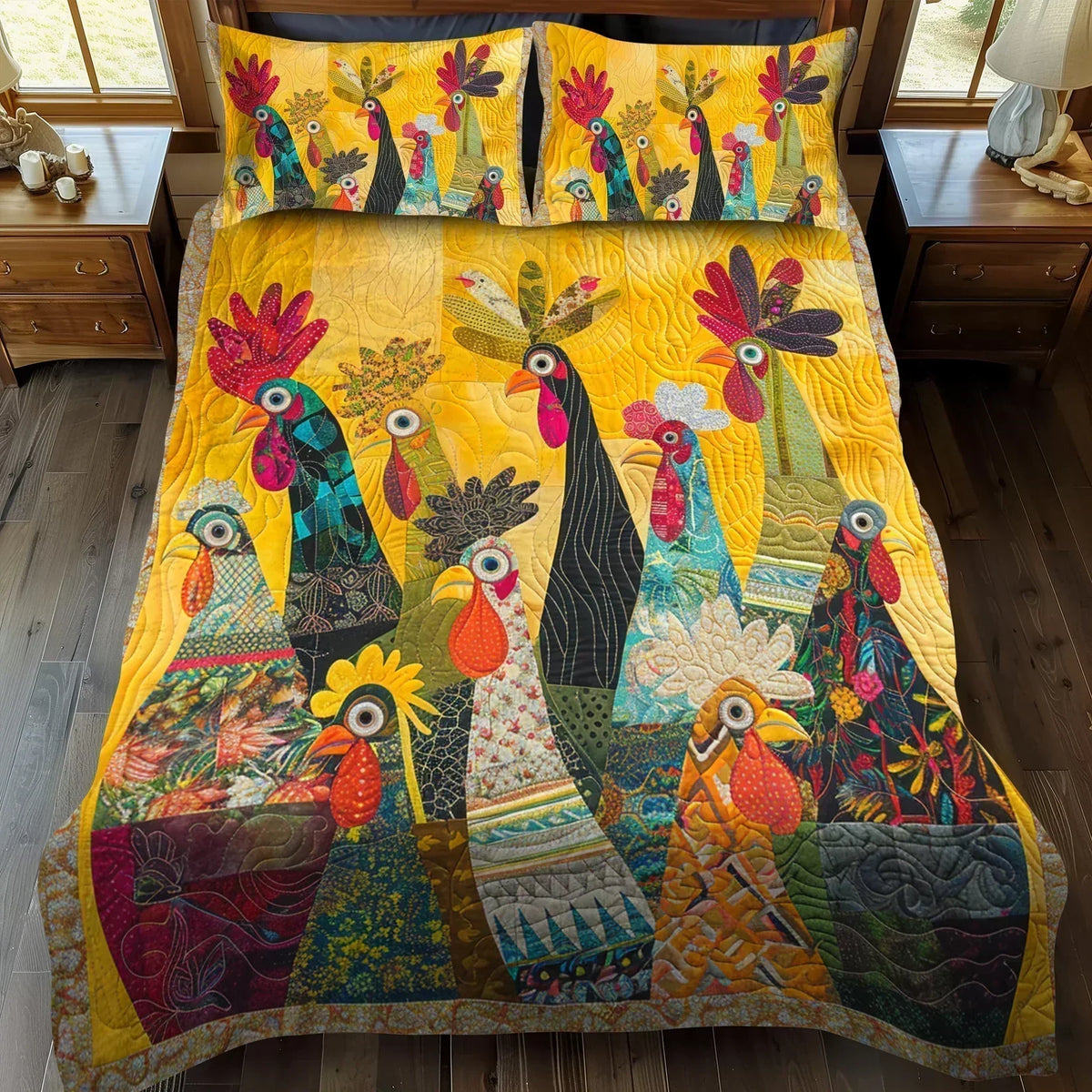 Morning Rooster quilted bedding set in yellow with two matching pillowcases on a bed