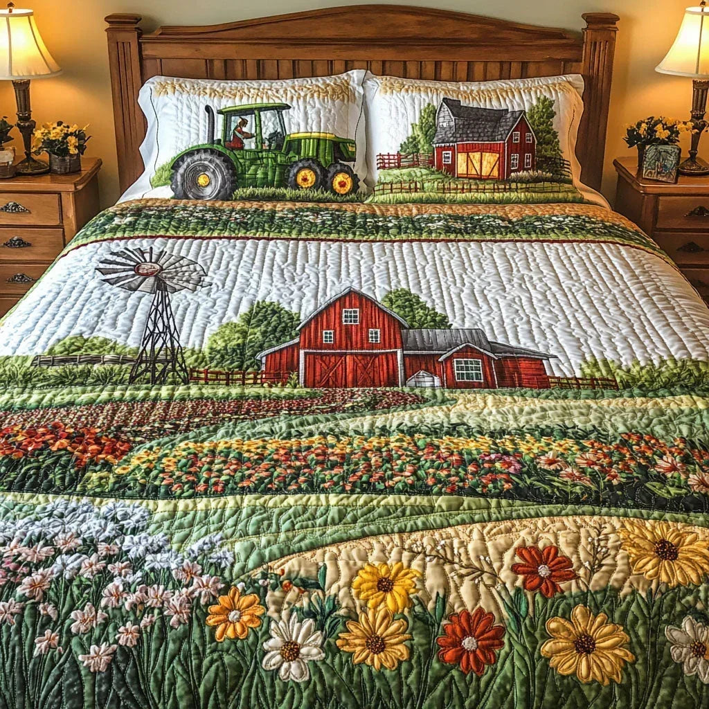 Happy Farm quilted bedding set with red barn, tractor and flower fields on a made bed