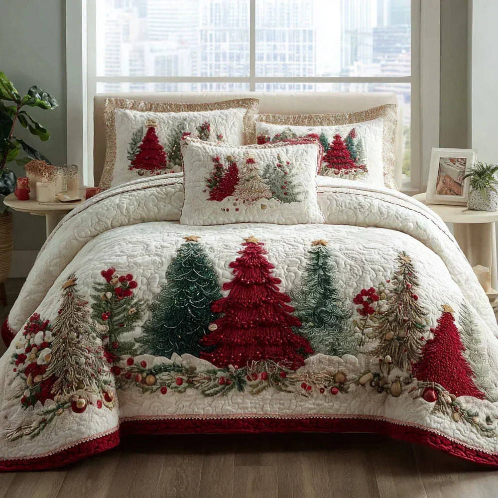 Winter Wonder quilted bedding set with red and green Christmas trees on cream, dressed on a bed