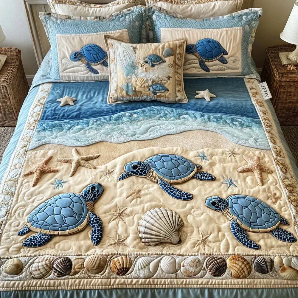 Ocean waves quilted bedding set in blue and sand cream with sea turtles and shells