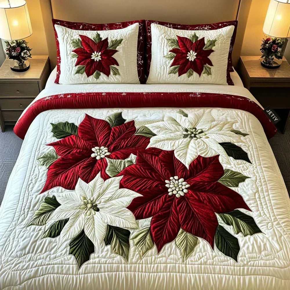 Winter poinsettias quilted bedding set in cream and red with two matching pillowcases