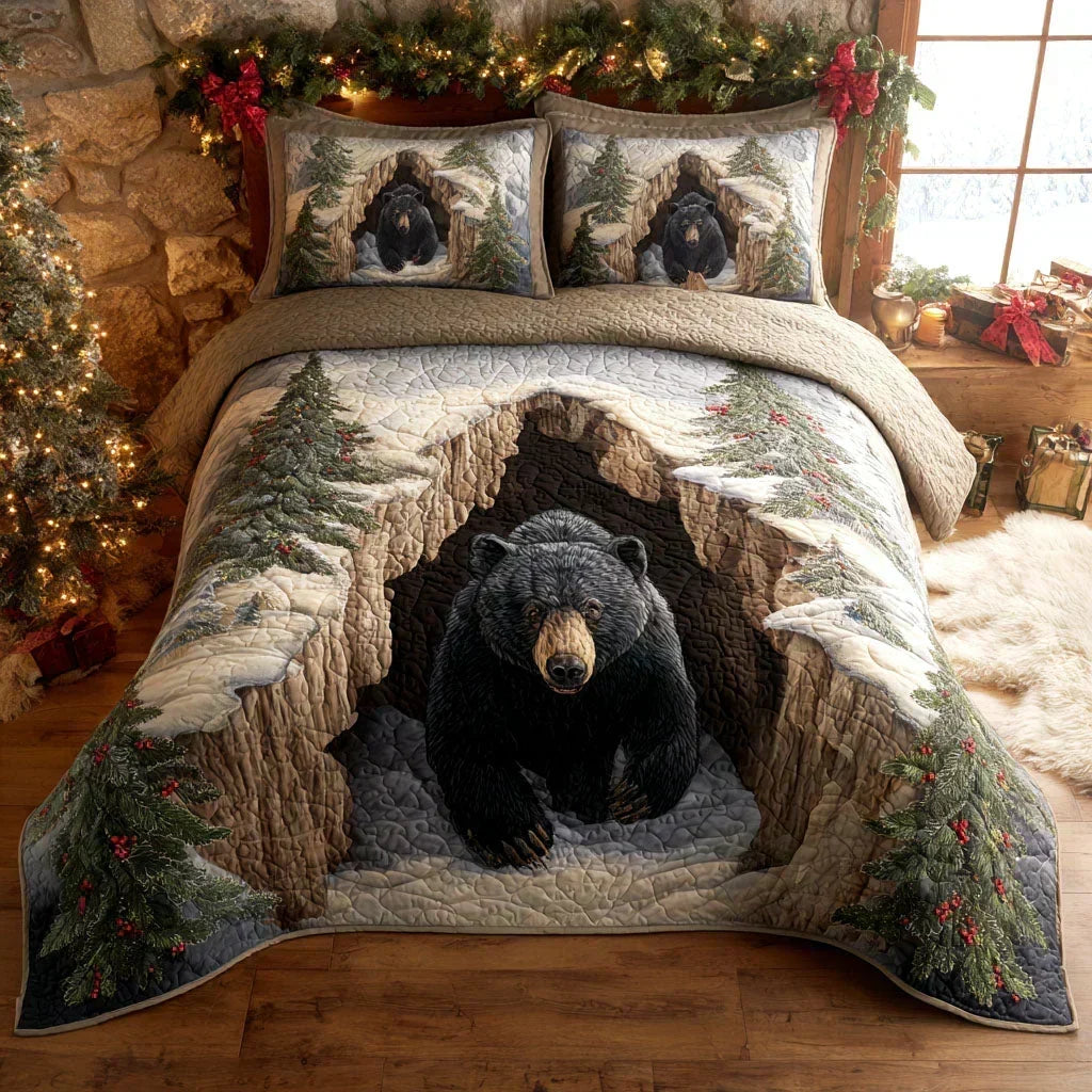Holiday Retreat quilted bedding set with black bear and snowy pine print on a wooden bed