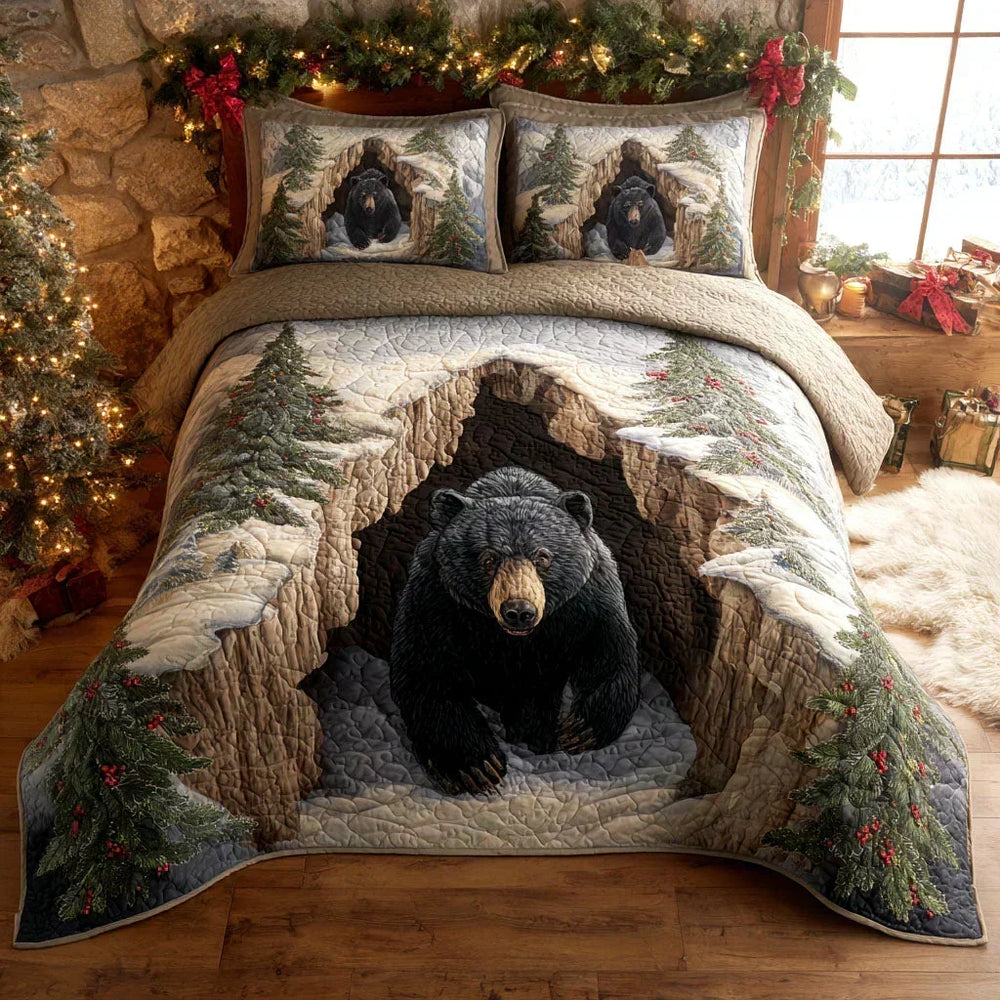 Holiday Retreat quilted bedding set with black bear and snowy pine print on a wooden bed