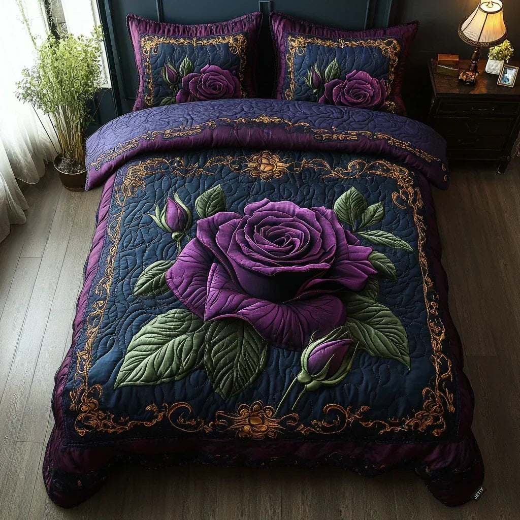 Purple rose quilted bedding set in purple and navy, full bed view