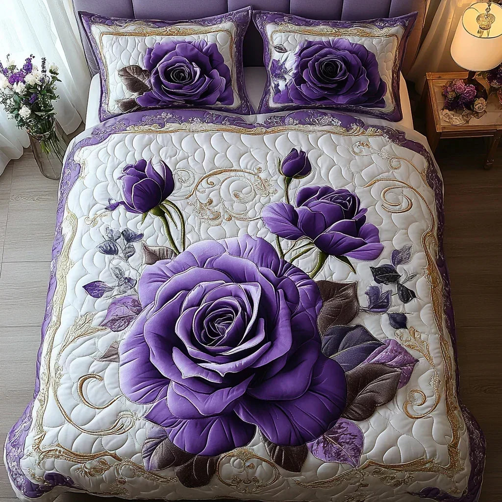 Purple rose quilted bedding set in cream and purple, full bed view