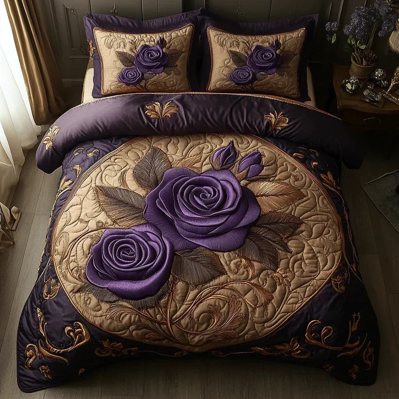Purple rose quilted bedding set in gold and plum, full bed view