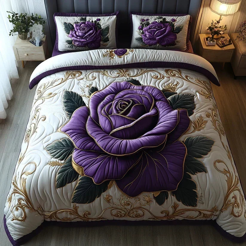 Purple rose quilted bedding set in ivory with large rose motif