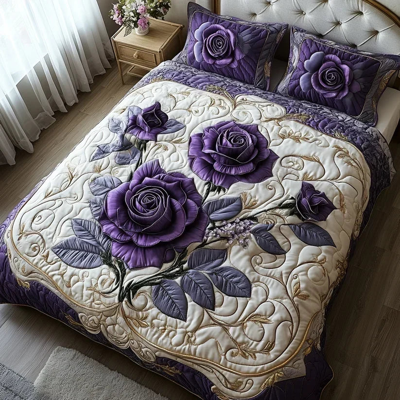 Purple rose quilted bedding set in cream with purple roses and gold vines