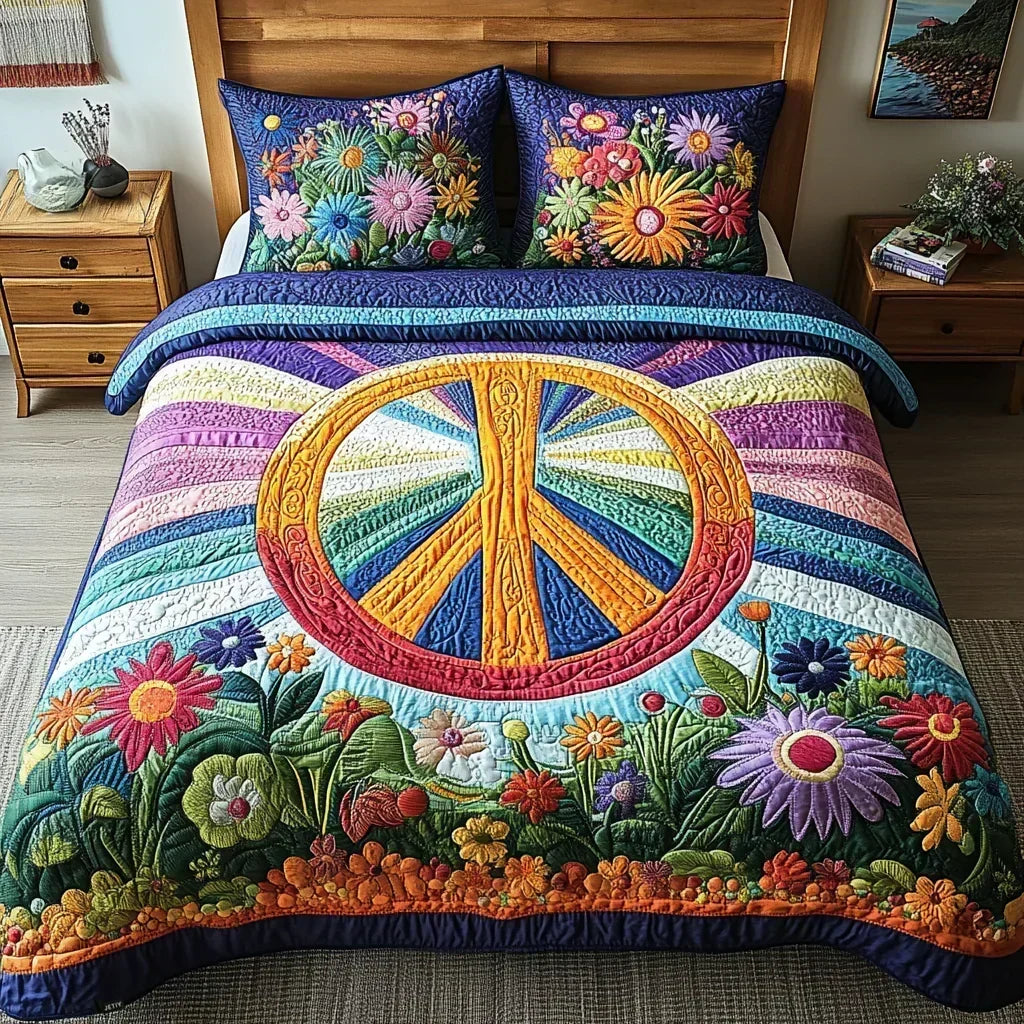 Tie-Dye Dreams quilted bedding set with rainbow stripes, peace sign and floral pillowcases
