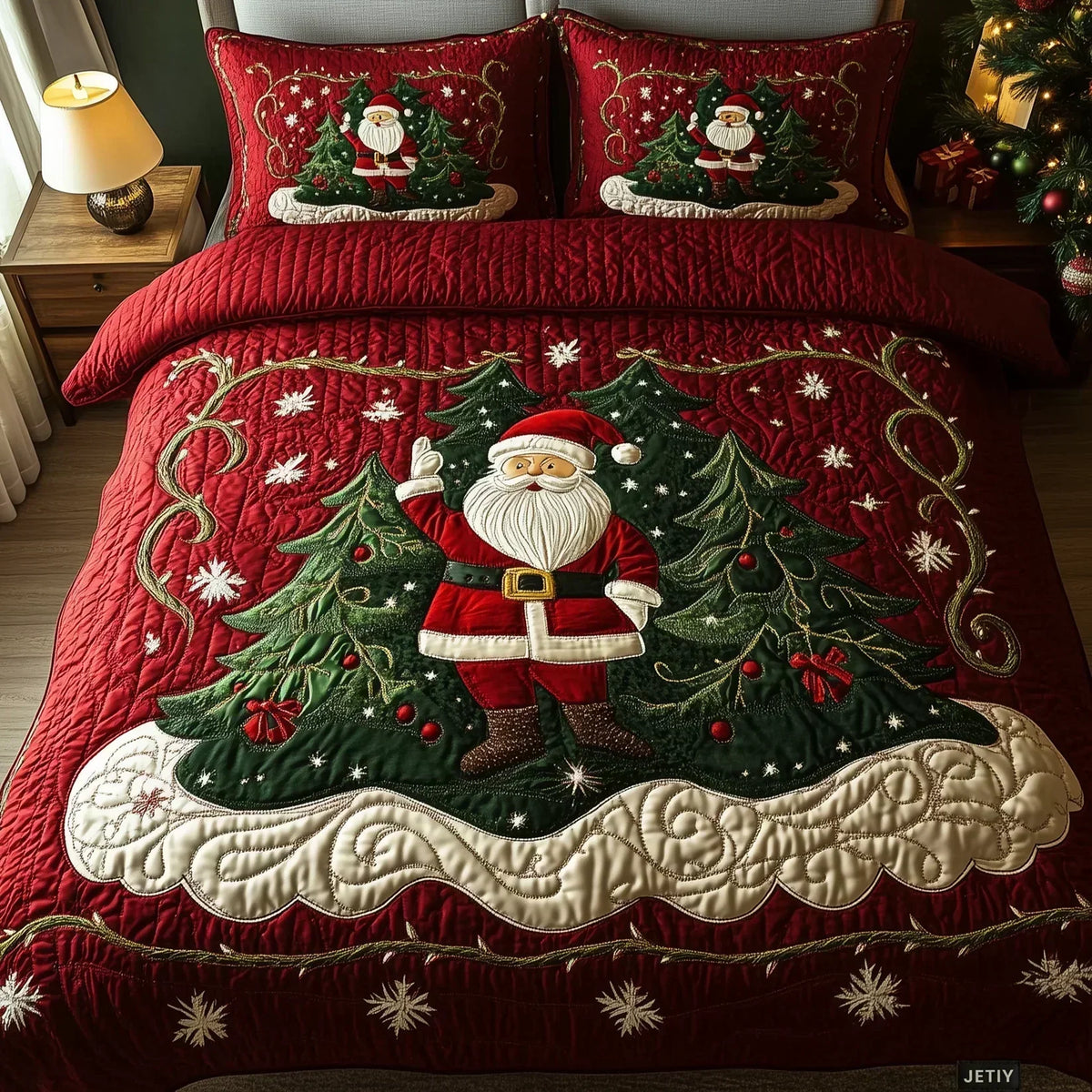 Santa's Workshop quilted bedding set in red with Santa, Christmas trees and snowflakes