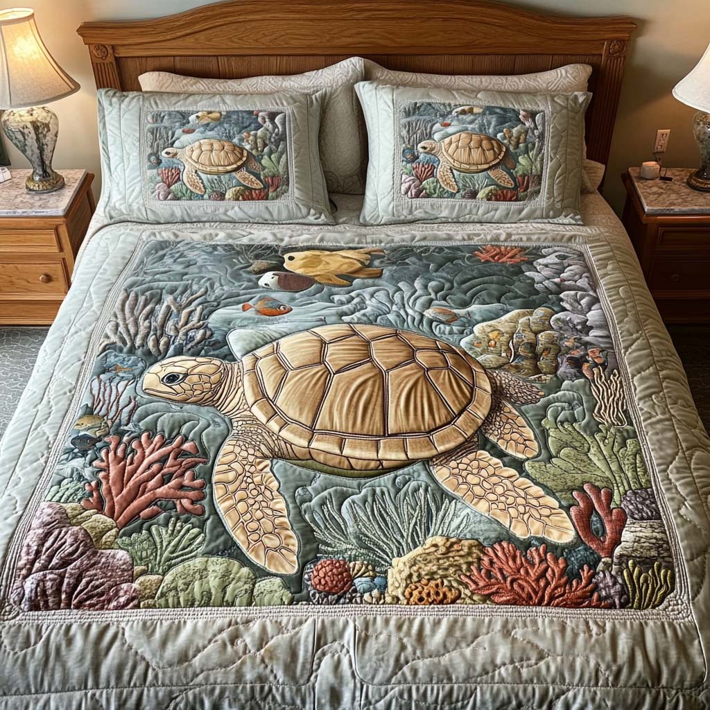 Sea turtle quilted bedding set in sage grey with coral reef panel, full bed view
