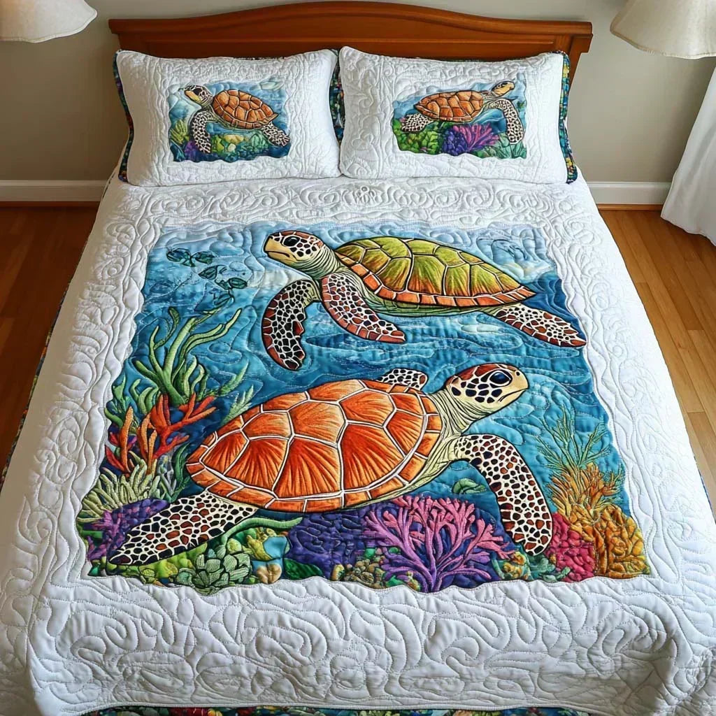 Sea turtle quilted bedding set in white and turquoise with two turtles, full bed view