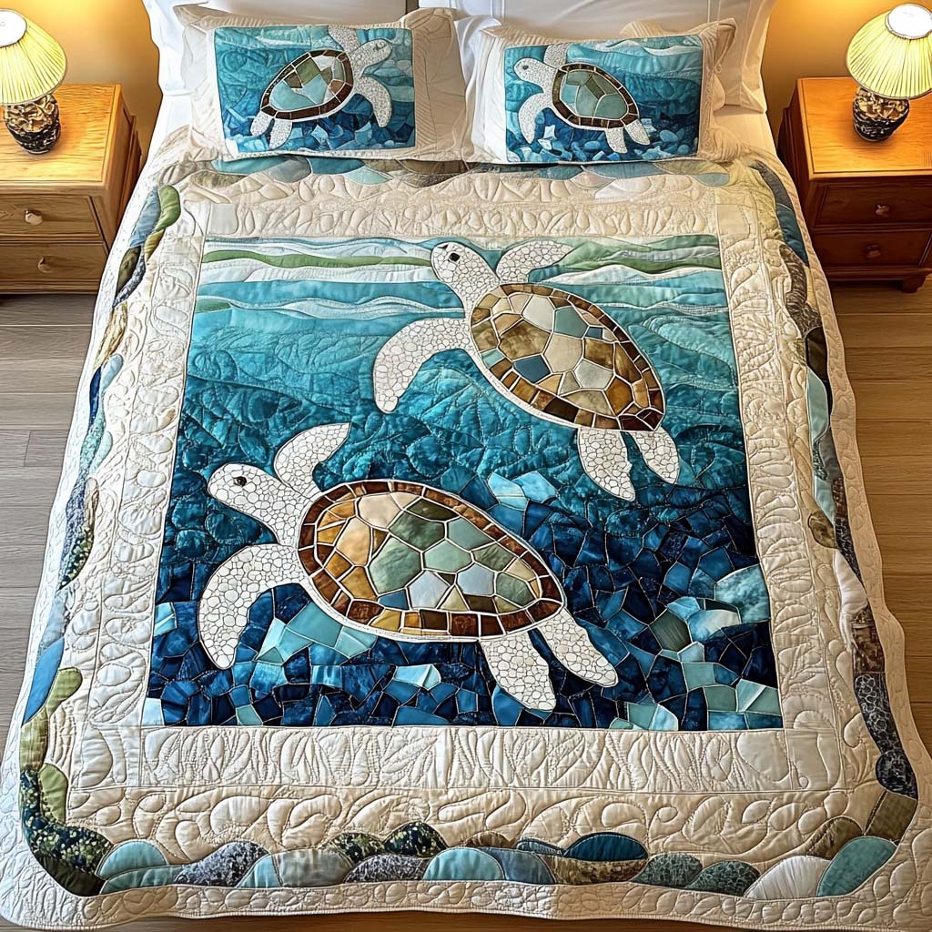Sea turtle quilted bedding set in teal and cream mosaic design, full bed view