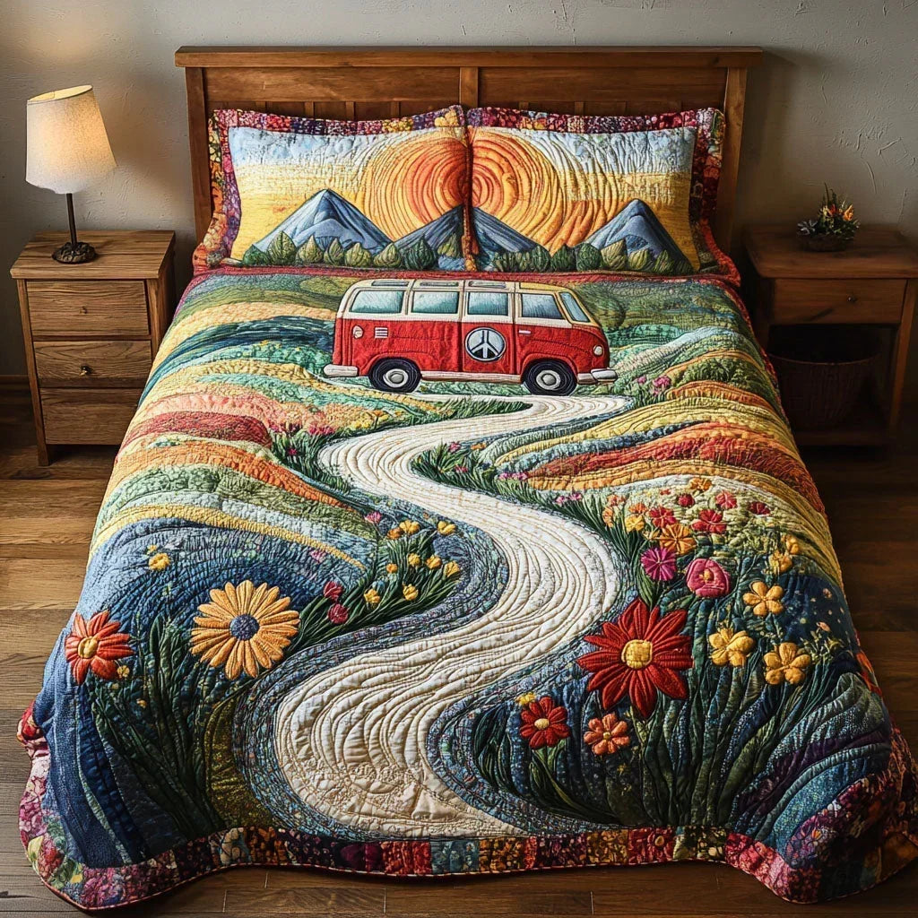 Vintage Journey quilted bedding set with red camper van, hills and flowers on a wooden bed