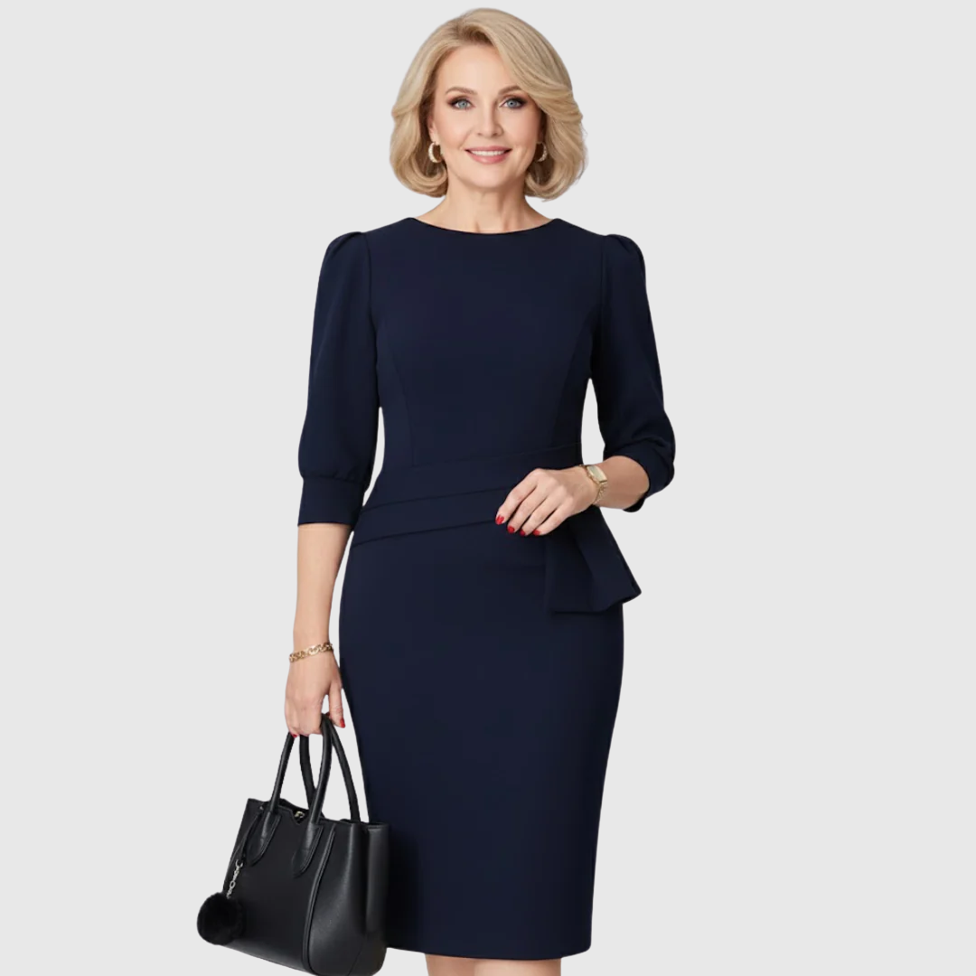 Claudine Bloom midi dress in navy, full-length front view on model