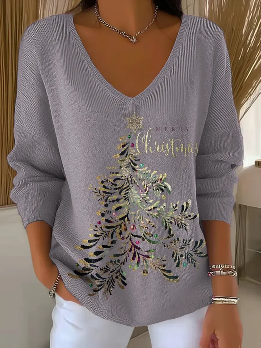 Skyler festive sweater in grey with Merry Christmas tree print, front view