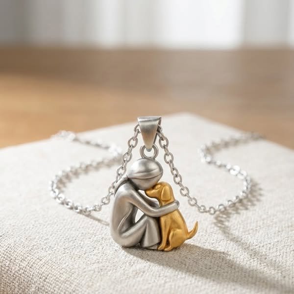 Eternal Friendship pendant in silver and gold, woman hugging dog on linen
