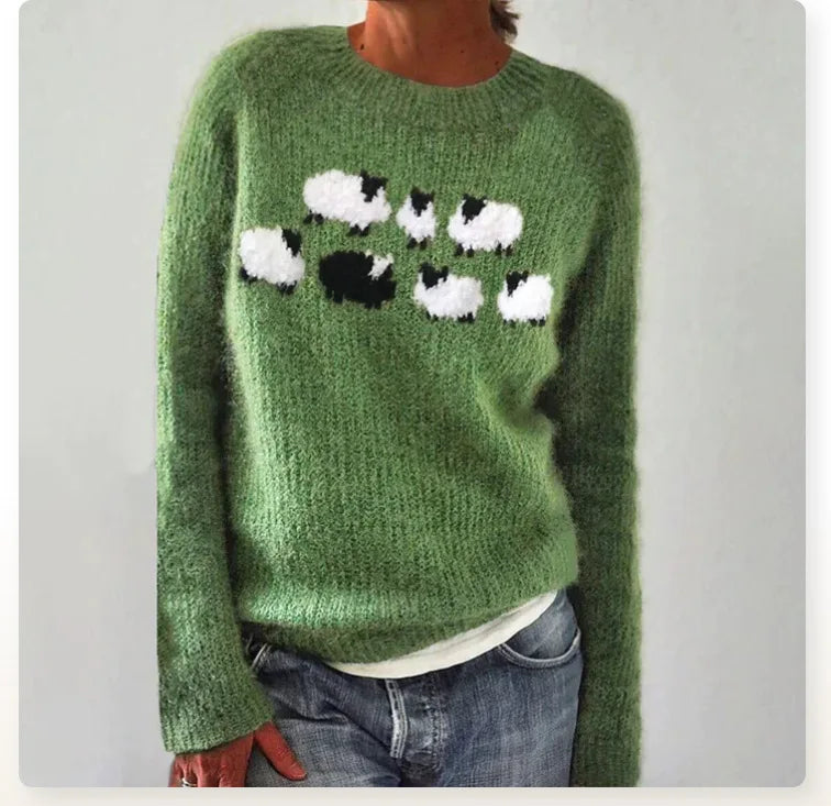 Aurielle vintage knit sweater in green with white sheep motif, front view