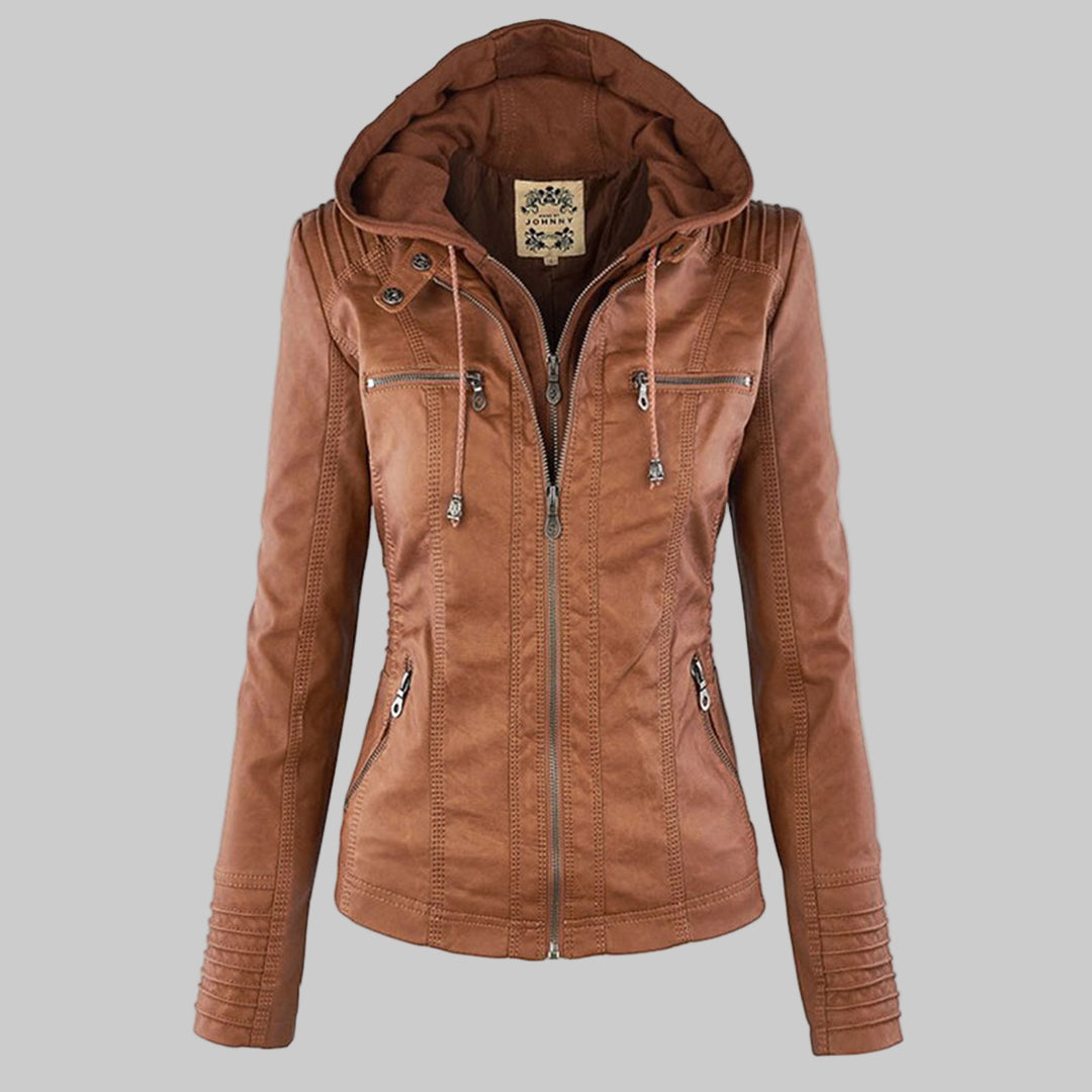 Cynthia hooded biker jacket in tan, front view with drawstring hood