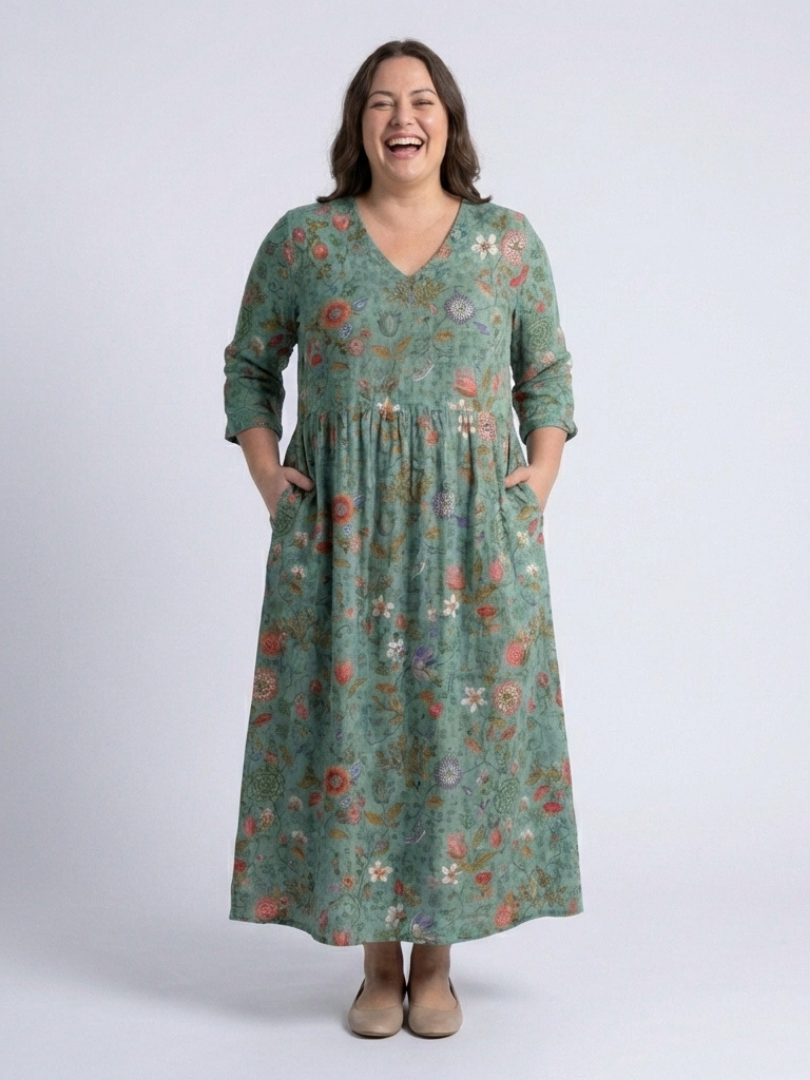 Marina floral maxi dress in green, front view with hands in side pockets