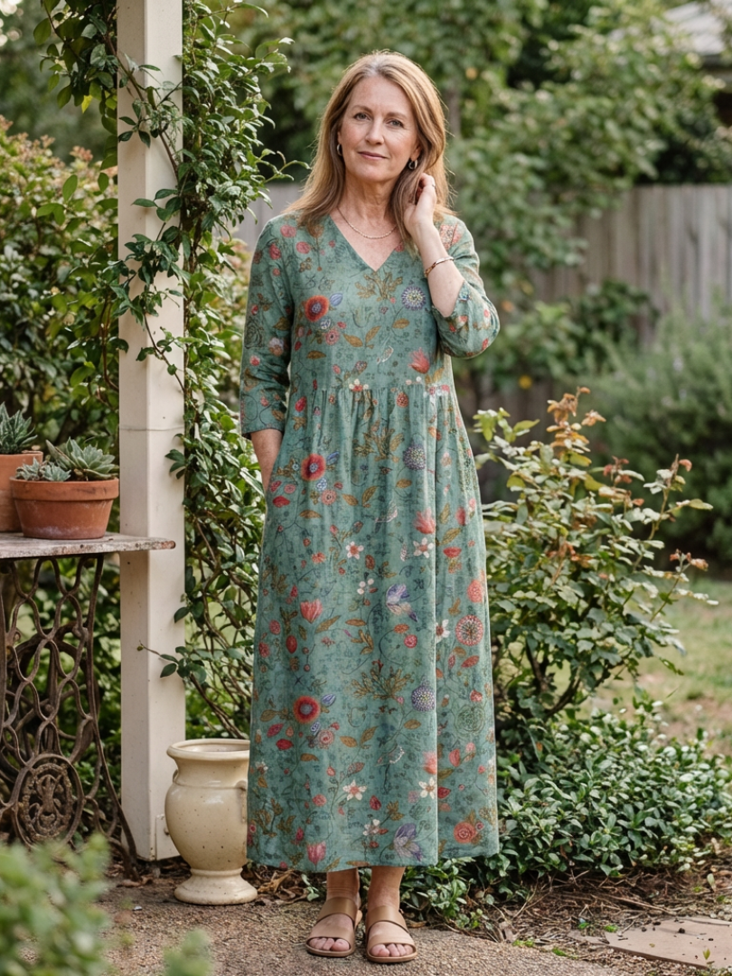 Marina floral maxi dress in green, worn in a garden setting
