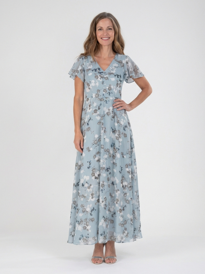 Imelda floral chiffon maxi dress in sky blue, full-length front view