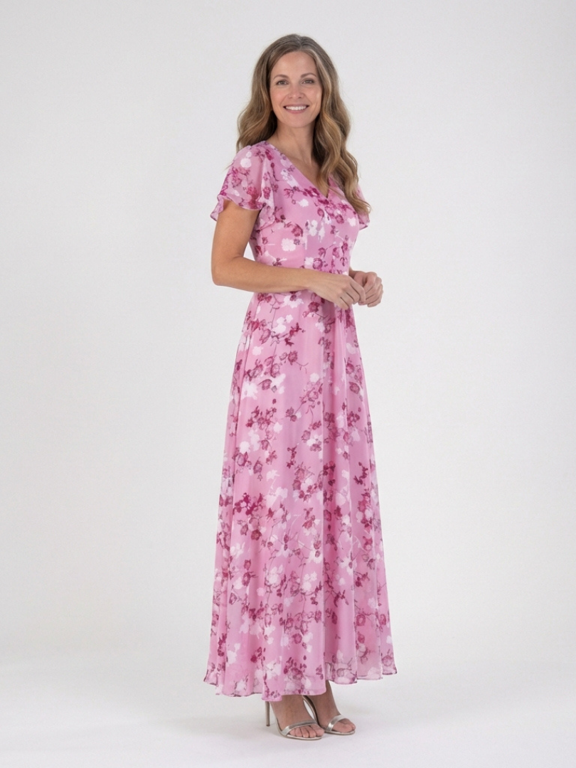 Imelda floral chiffon maxi dress in pink, three-quarter front view