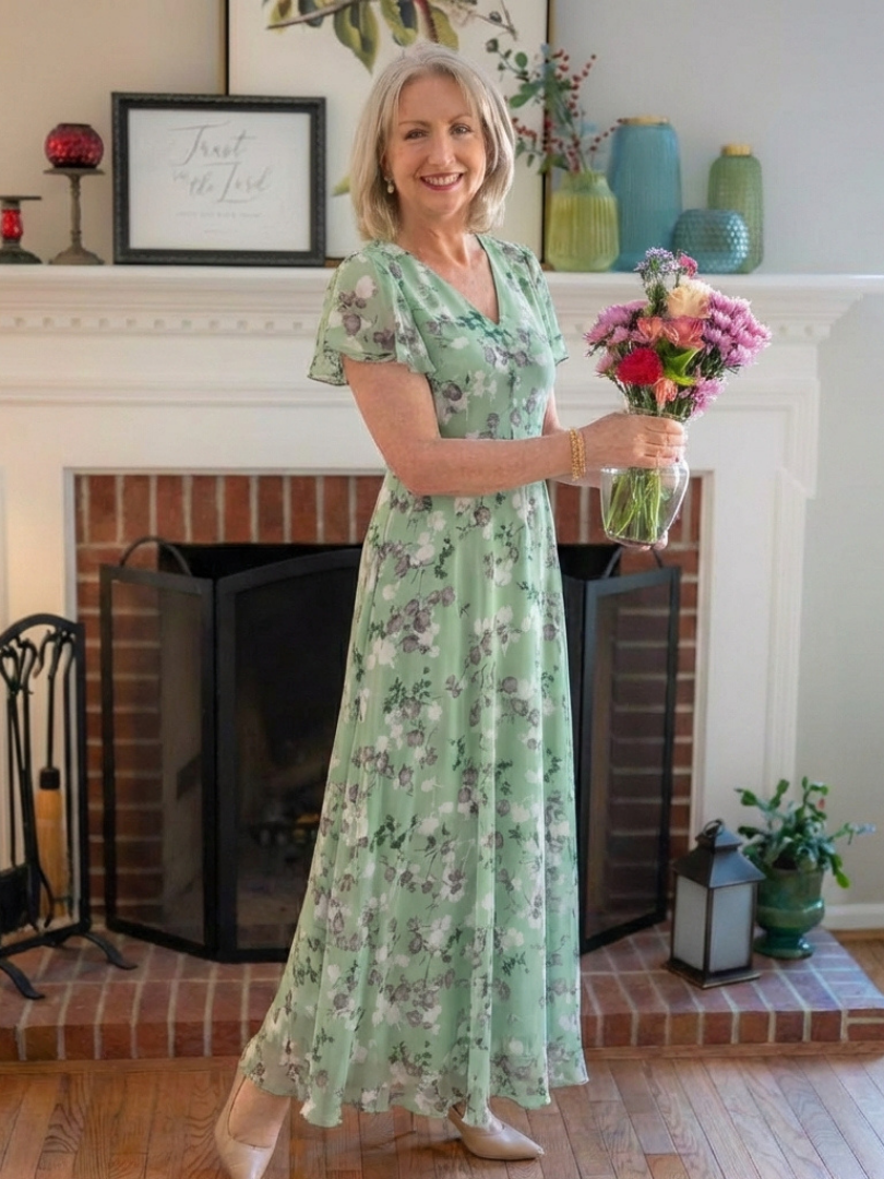 Imelda floral chiffon maxi dress in green, worn at home