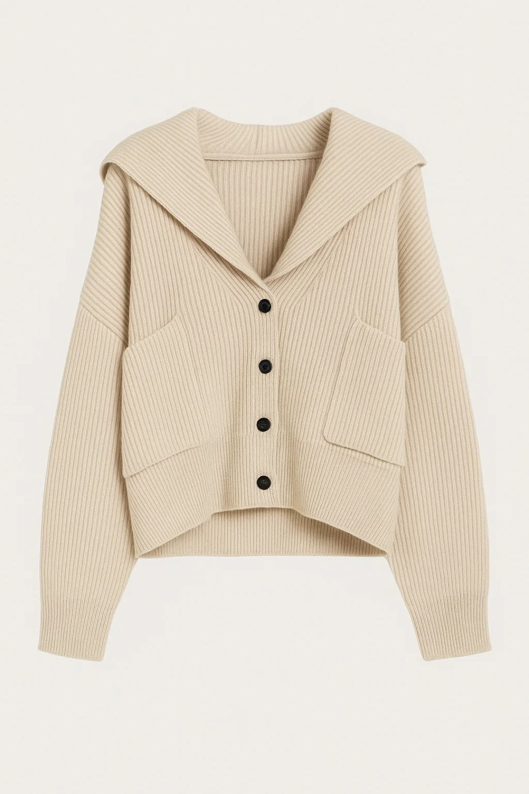 Elanora ribbed knit cardigan in light beige, flat front view with patch pockets
