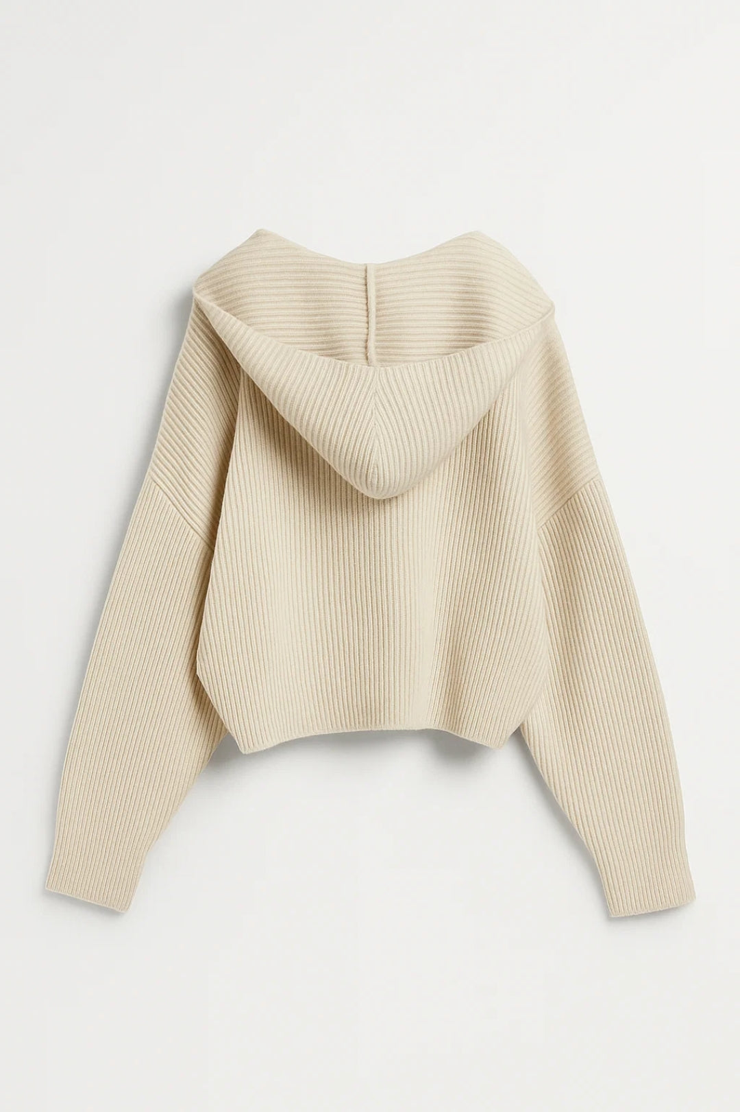 Elanora knit cardigan in light beige, back view showing folded collar