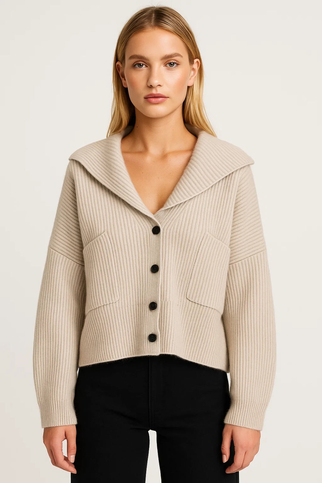 Elanora deep V-neck knit cardigan in light beige, front view on model