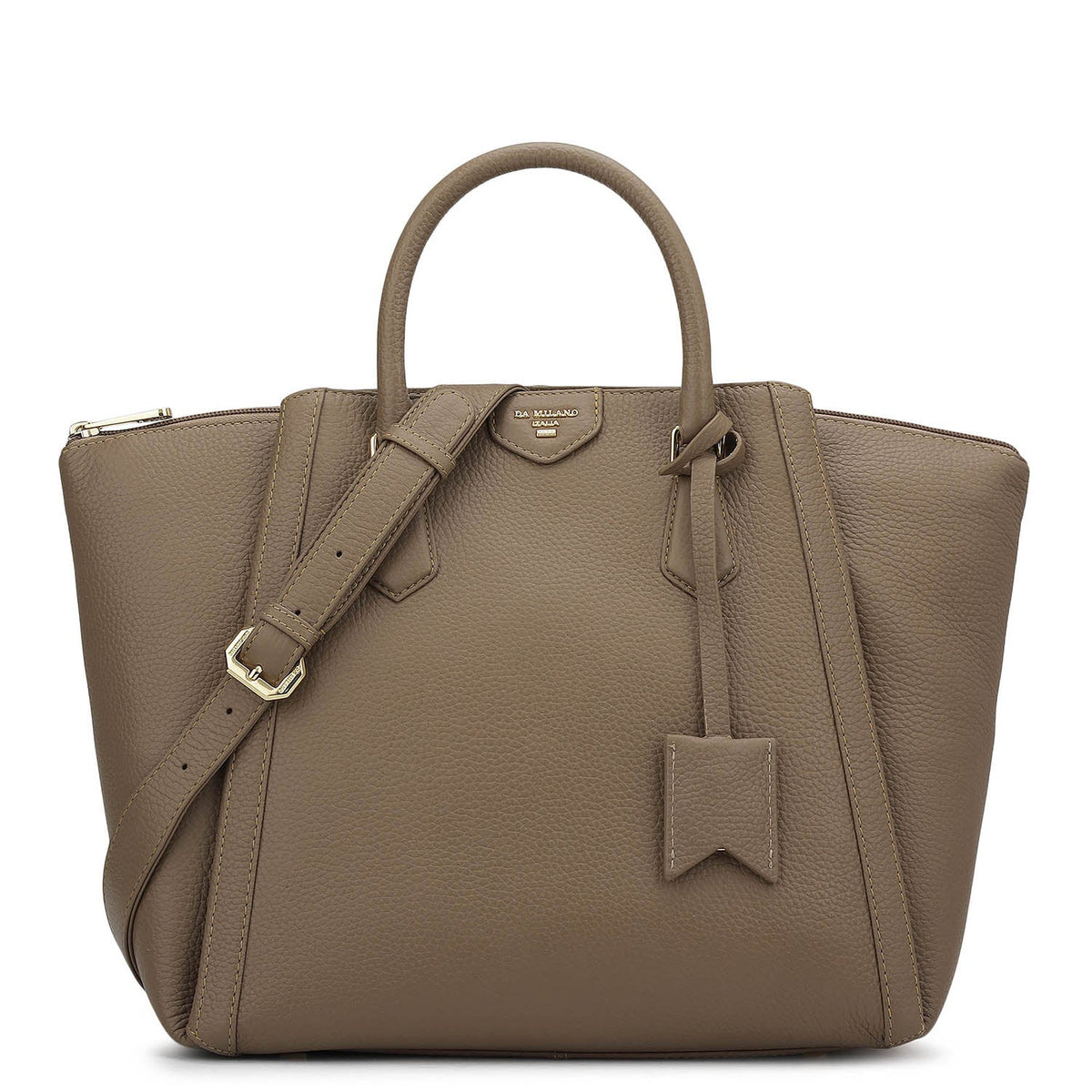 Élégance Paris classic satchel bag in taupe brown, front view with shoulder strap