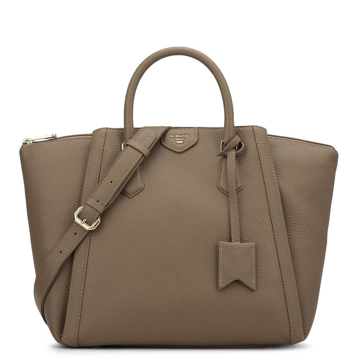 Élégance Paris classic satchel bag in taupe brown, front view with shoulder strap