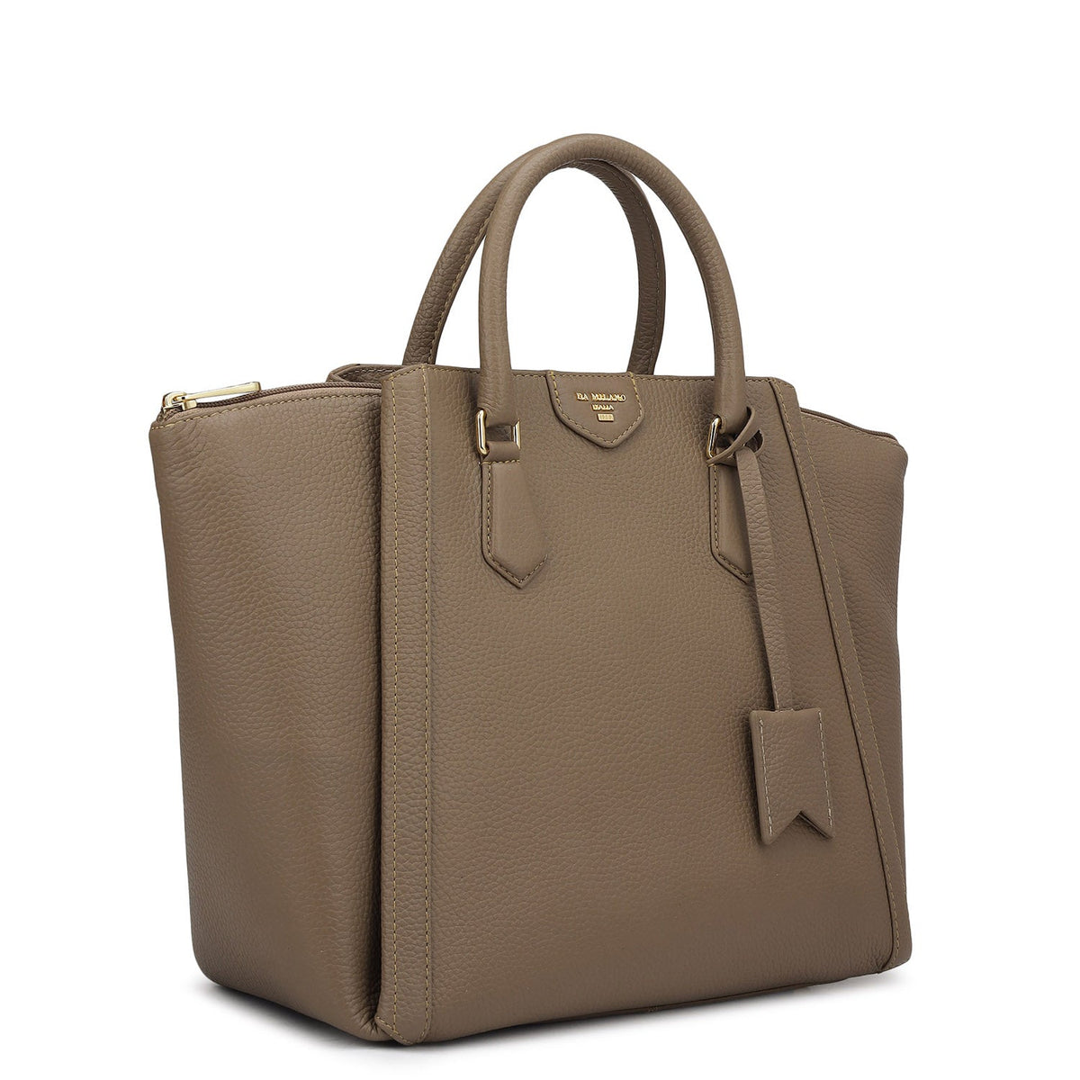 Élégance Paris satchel bag in taupe brown, three-quarter angled view