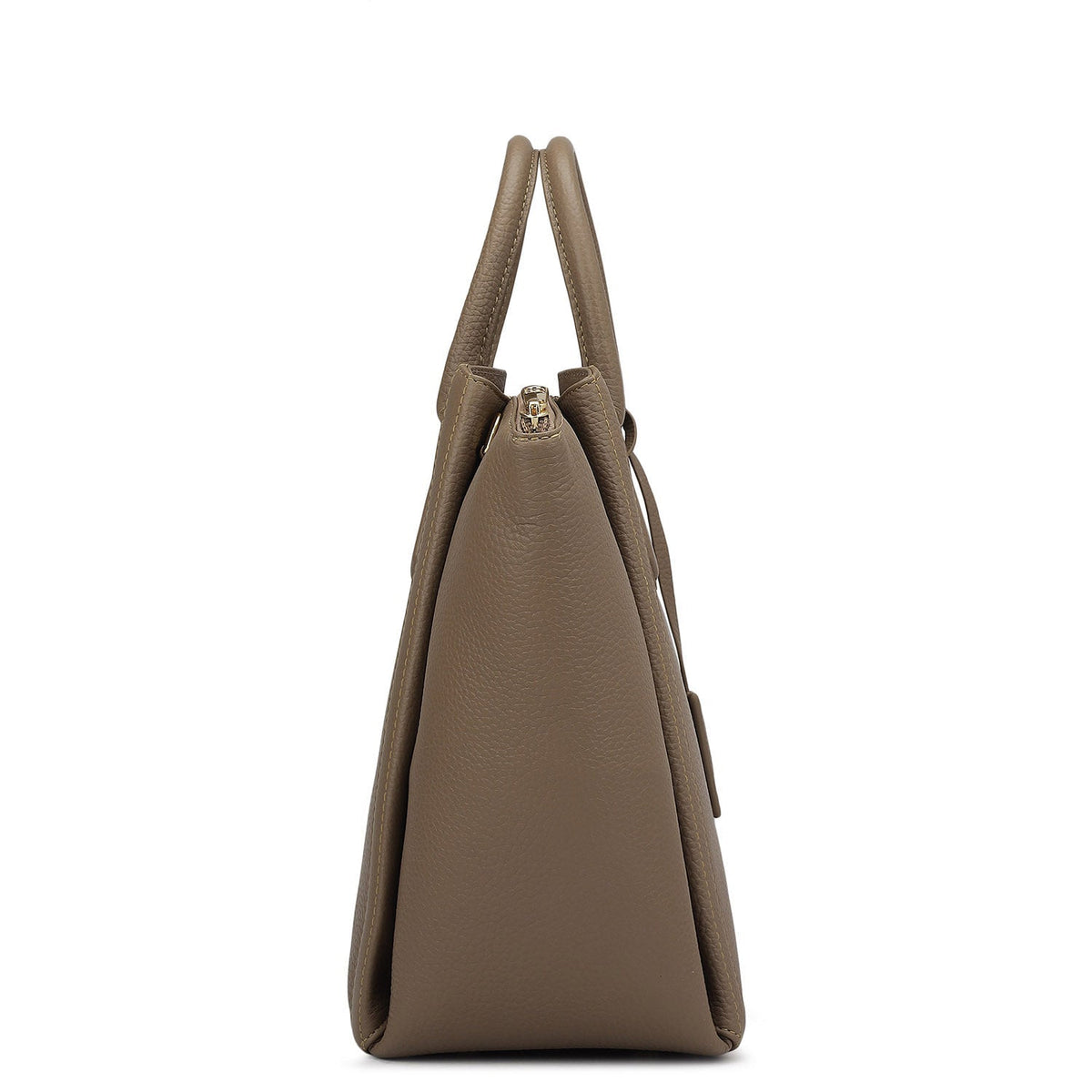 Élégance Paris satchel bag in taupe brown, side profile view