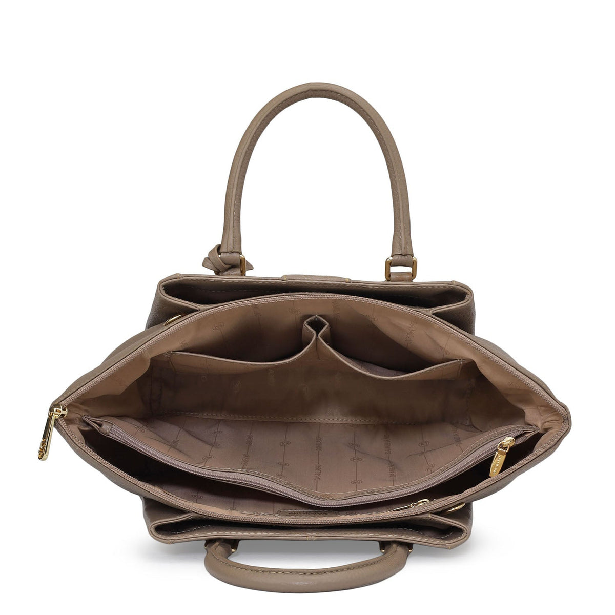 Élégance Paris satchel bag in taupe brown, open interior with divider and zip pocket